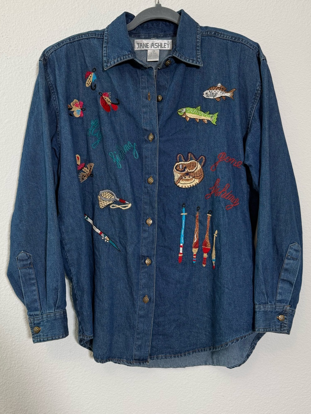 VTG Jane Ashley Fishing Denim Button Shirt Embroidered Fish Outdoors Cottagecore